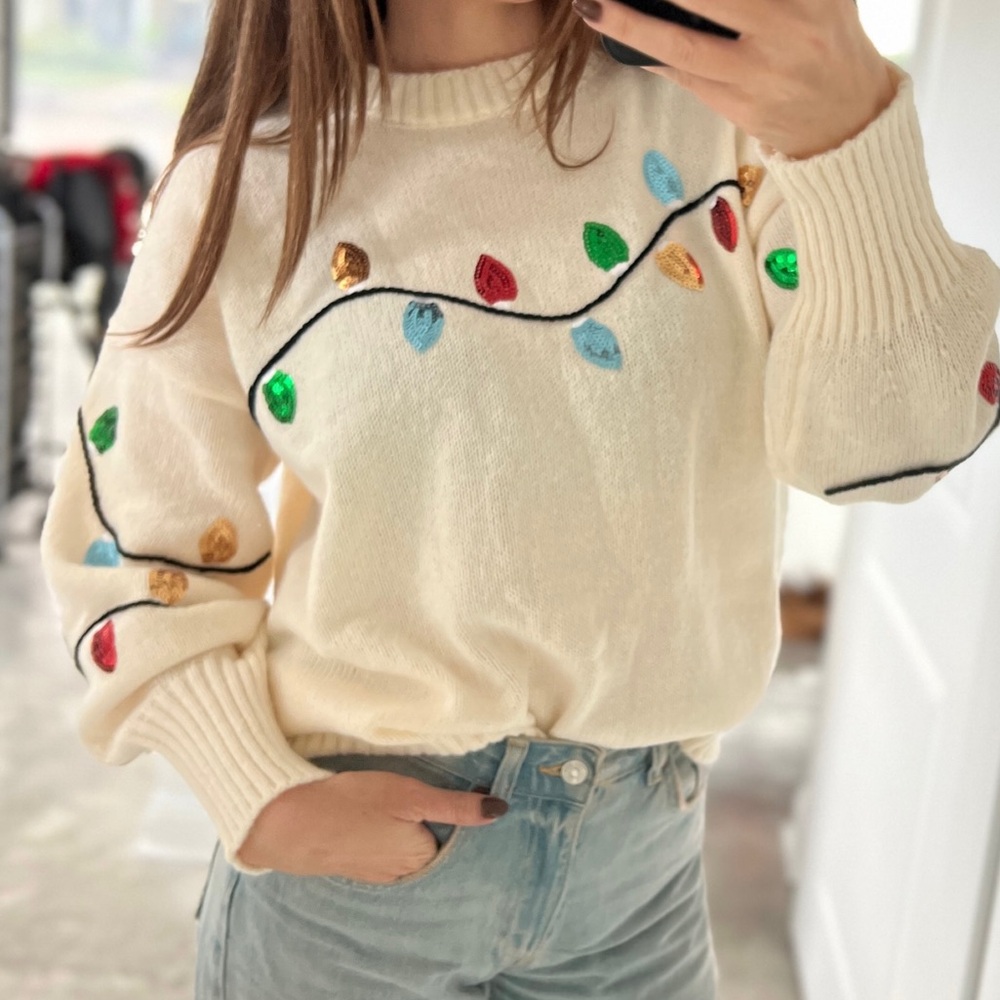 Festive Holiday Lights Sweater - Cream